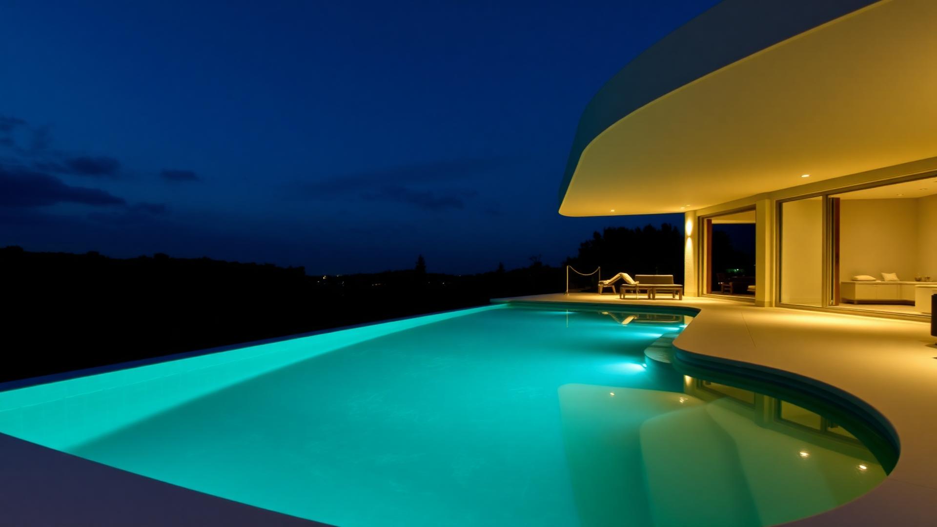 Fiberglass pool at night with cyan underwater lighting