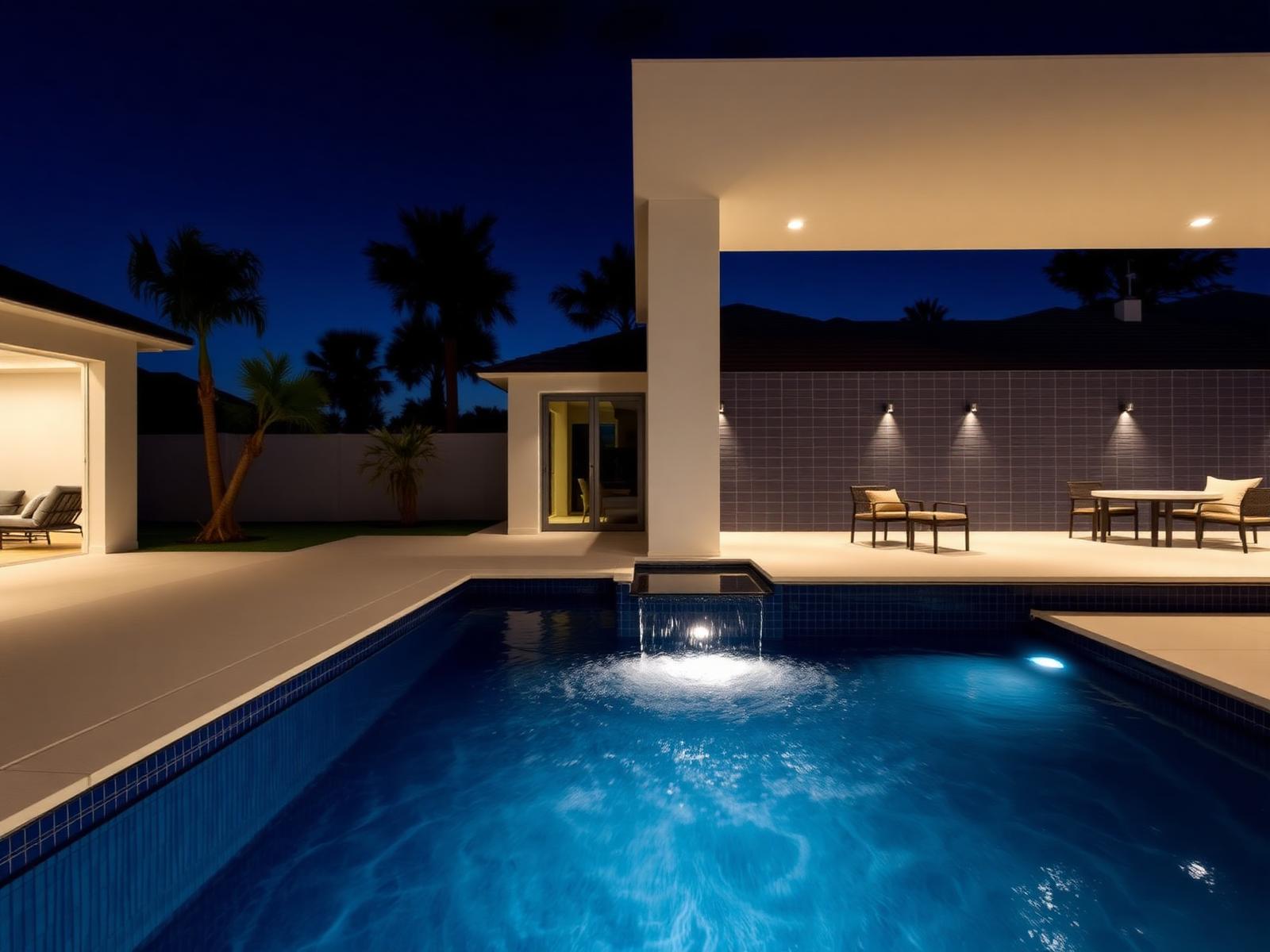 Modern fiberglass pool with waterfall spa spillover